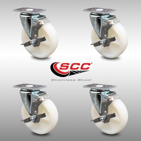 5 Inch SS Nylon Wheel Swivel Top Plate Caster Set with Brake